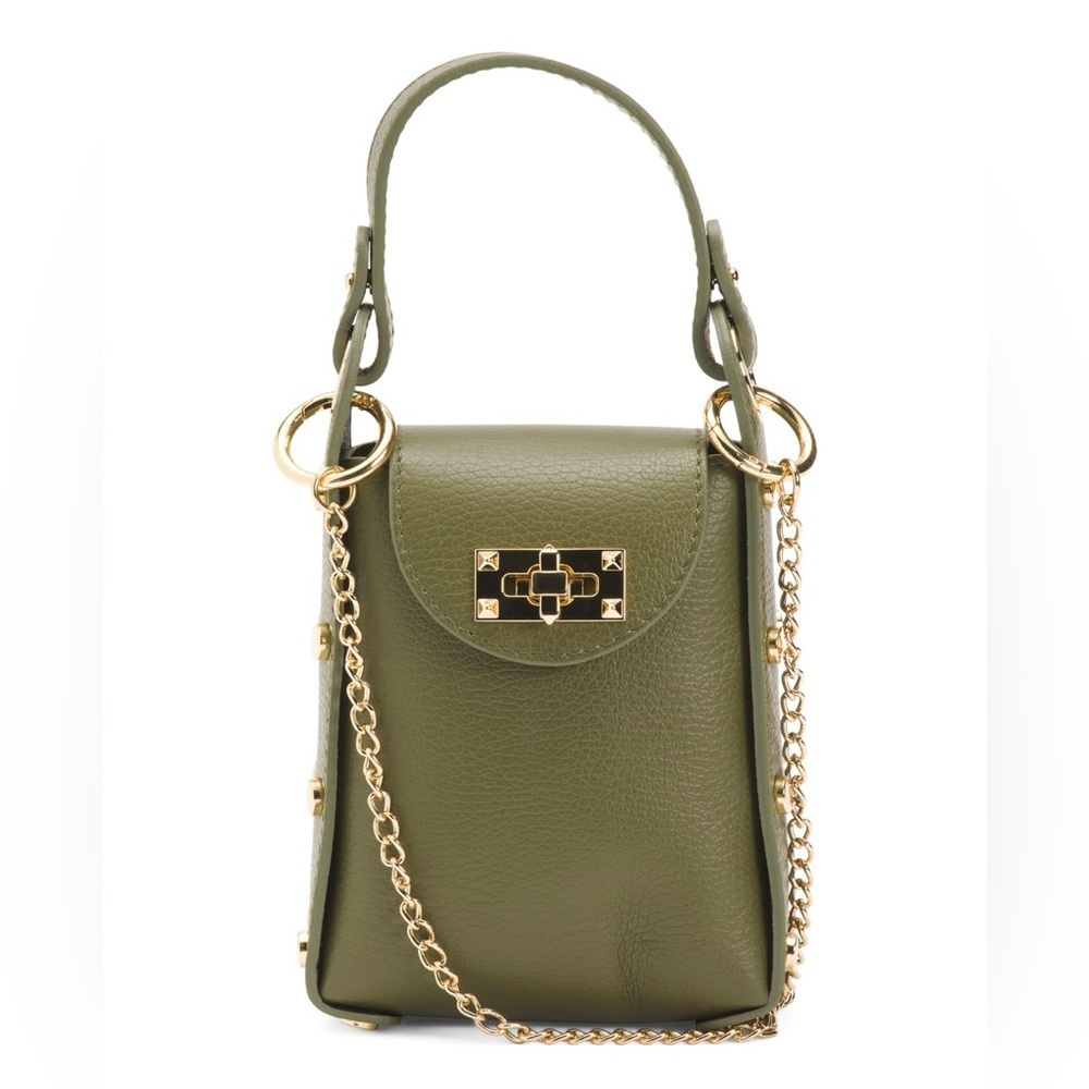 Compact Olive Green Crossbody Bag with Gold Chain and Turn-Lock Detail